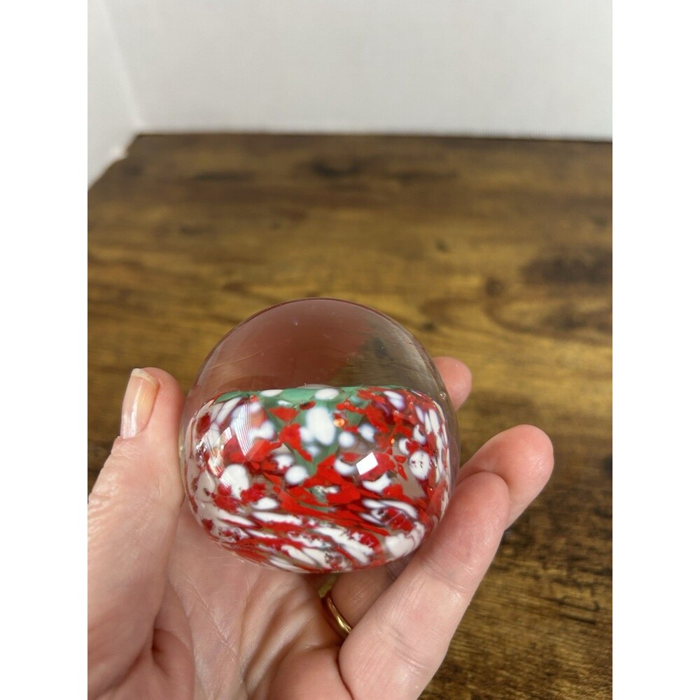 Vintage Art Glass Paperweight Floral Millefiori Red White Green Flower Orb Ball - Picture 5 of 10